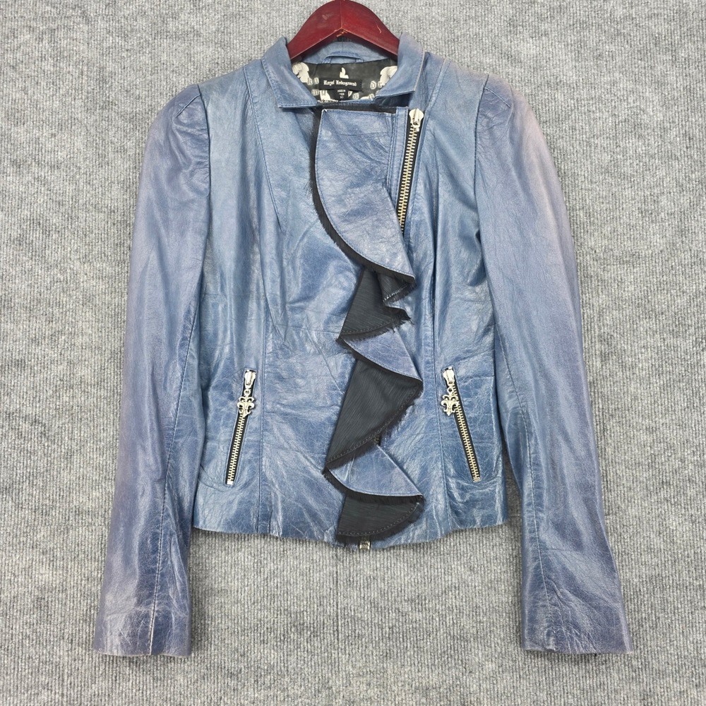 Royal Underground Blue Leather Ruffle Moto Jacket Fleur De Lis Zip XS Nikki Sixx